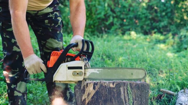 Worker using a chainsaw to cut a log on a tree stump in a green woodland setting during outdoor forestry work