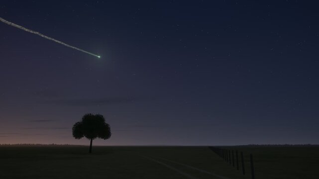 Bright Fireball Meteor Exploding Over Twilight Countryside Animation