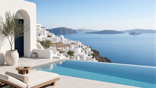 White villa overlooking infinity pool on coastal terrace