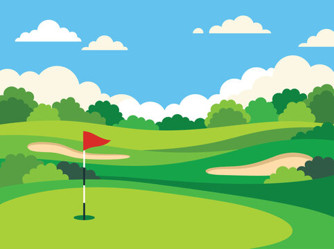 Flat illustration of a beautiful green golf course with sand bunkers and red flag