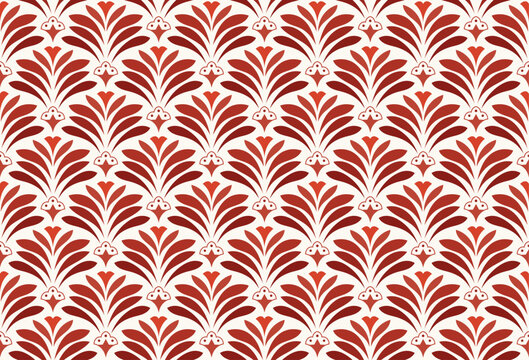 Red Art Deco Floral Fan Palm Seamless Vector Pattern