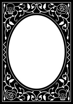Book cover graphic frame with leaves, roses, and skulls.