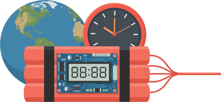 Concept vector illustration of a time bomb with a digital timer countdown, a clock, and planet earth symbolizing global crisis and urgency