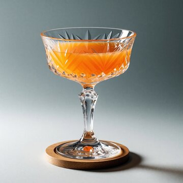Orange Rabbits Foot cocktail in crystal coupe glass on wooden coaster. Elegant alcoholic beverage with applejack, orange liqueur served in luxury glassware. Minimalist studio shot of citrus drink for