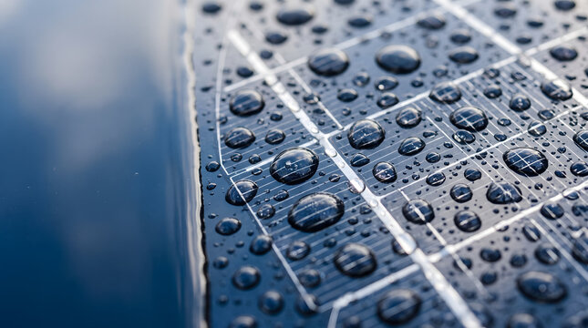 Macro Close Up of Raindrops and Water Droplets on Solar Panel Glass Surface
