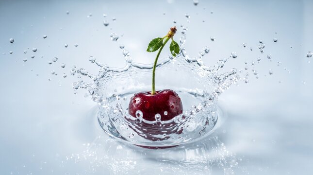 Fresh red cherry falling into clear water creating a beautiful splash