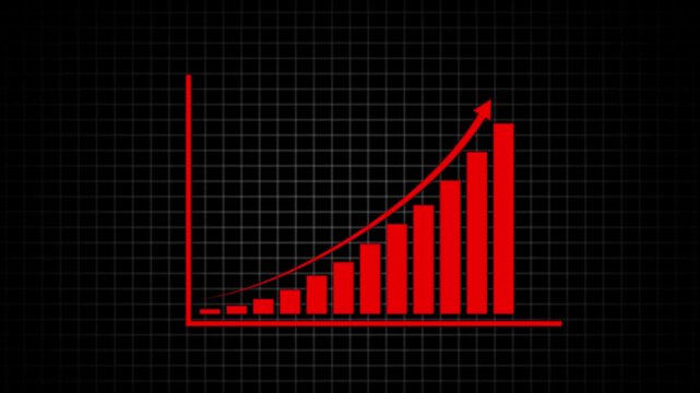 Animated business bar chart graph showing exponential growth and financial success with rising arrow trend line on a clean white grid background, for corporate presentations, 4k 