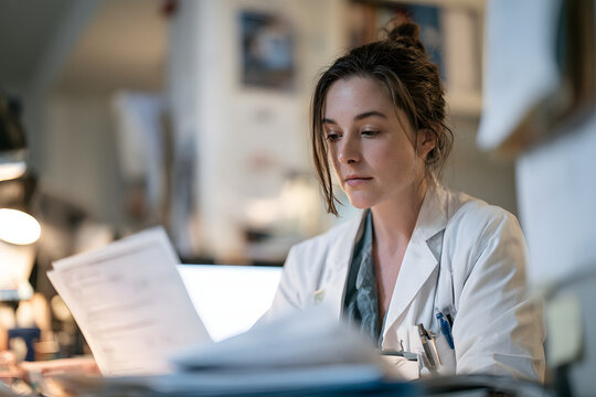 A female healthcare provider reviewing medical charts in the clinic