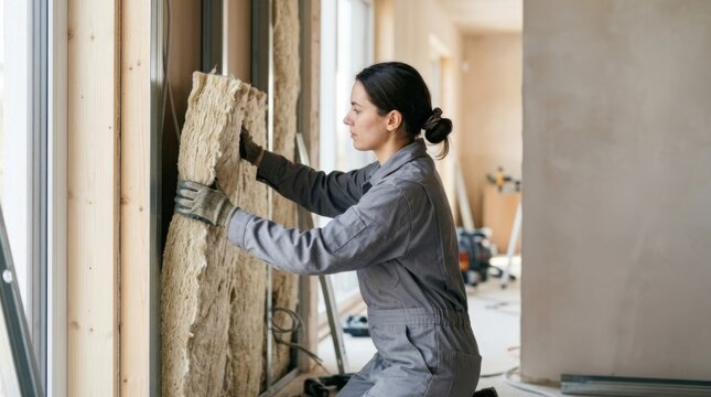 Professional worker installing mineral wool insulation between partition wall studs in a bright modern home renovation project to provide thermal and acoustic efficiency