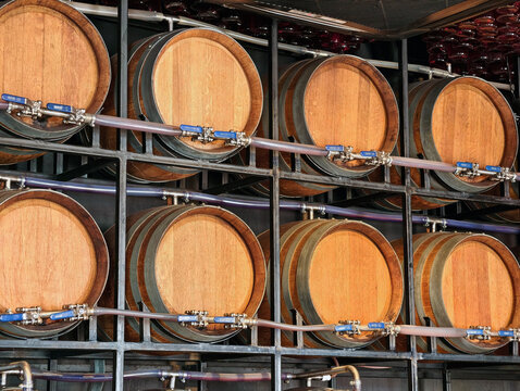 Wine barrels with interconnected tubes and valves are arranged along a wall rack, reflecting the practical equipment of a wine drinking establishment