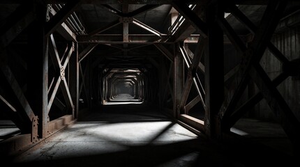 Fototapeta premium Dark symmetrical industrial tunnel with metal structures, heavy iron beams. Rusty steel framework creates deep perspective in abandoned underground passage. Dim light hits concrete floor in gloomy