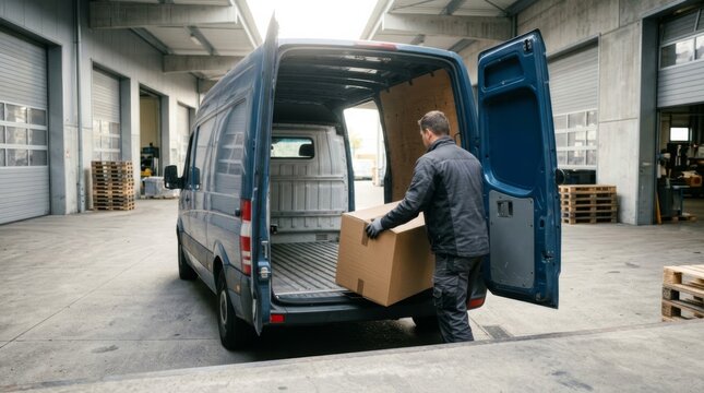 Delivery driver loading a cardboard box into the back of a commercial cargo van at a warehouse, representing logistics, supply chain efficiency, and professional shipping services with copy space