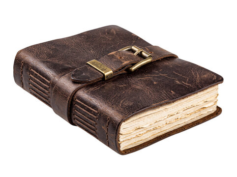 An isolated old vintage leather journal with a metal buckle strap and handmade paper pages.
