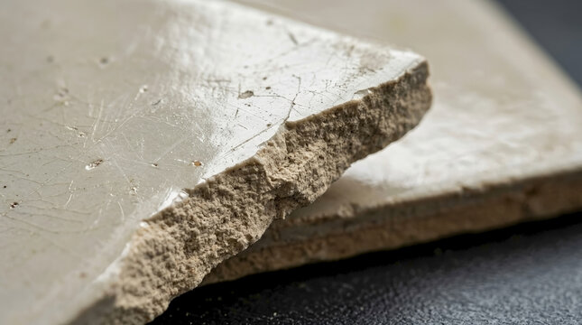 Broken ceramic tile showing glossy glazed surface and fractured raw clay edge for construction blogs, home repair websites, materials science education, and restoration articles