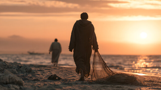 When fishermen cast their nets and leave their sandals, they follow Jesus along the seashore at daybreak. This is a biblical setting for the call of the disciples. It embodies concepts of faith and th