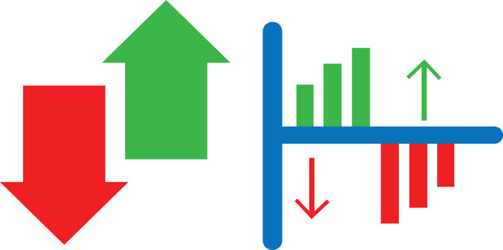 green up arrow and red down arrow with bar chart showing profit and loss on blue axis, flat vector infographic illustration for stock market trend, finance, trading, investment, growth and decline ana