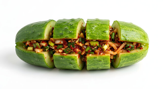 Korean oi sobagi with one short whole cucumber on White Background