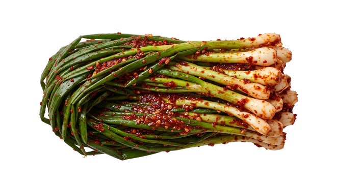 Compact bundle of Korean pa kimchi with long on White Background