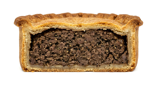 Scottish Scotch pie half with tall straight on White Background