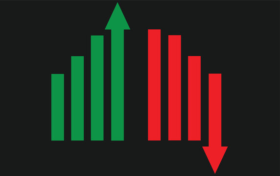 green and red bar chart with up and down arrows on dark background showing stock market growth and decline, bullish and bearish trend vector illustration for finance, trading, investment and business 