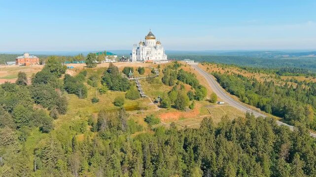 Russia, Perm region. Belogorsk St. Nicholas Missionary Monastery. Cathedral of the Exaltation of the Holy Cross in Belogorsk Nicholas Monastery. Drone footage