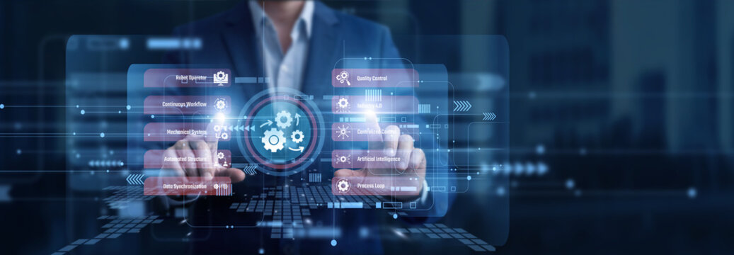 Senior process engineer using futuristic Automation dashboard displaying robotic workflow statuses, task completion speeds, and active system error rates. Streamlining daily operations.