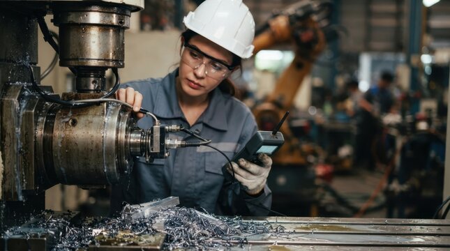 Production engineer inspecting a vibration sensor on a CNC spindle with aluminum chips, oil sheen, and robotic arm in a machining workshop.