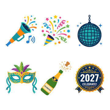 New Year 2027 celebration party icons set on transparent background