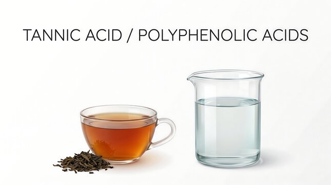 Tannic acid and polyphenolic acids found in tea leaves near glass beaker for chemistry study