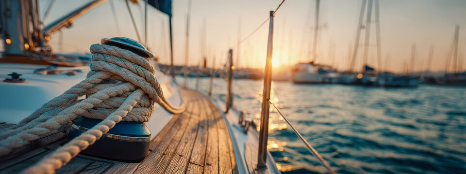 Neatly coiled mooring ropes rest on a sailboat deck beside marina waters at sunset, sailing leisure, nautical travel, coastal relaxation, maritime adventure, peaceful evening recreation.