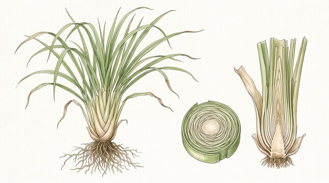 Botanical illustration of lemongrass plant showing roots, cross-section, and longitudinal section of the stalk