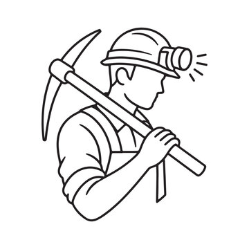 Miner with pickaxe and headlamp working underground in coal mine