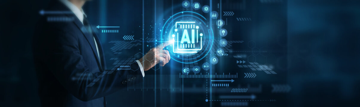 AI specialist touching futuristic Artificial Intelligence interface with glowing digital icons, visualizing machine learning, automation, intelligent systems and data driven innovation.