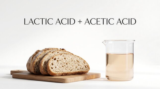 Lactic and acetic acids represented by sliced artisan sourdough bread on a wooden board next to a glass beaker showing fermentation processes