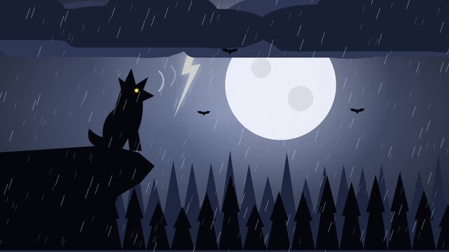 Black cat silhouette on rooftop under moonlight in rain