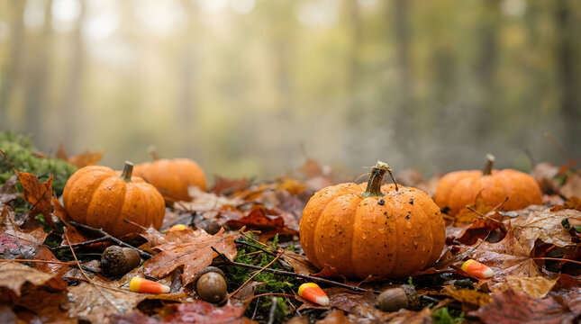Orange pumpkins sitting on fallen autumn leaves in the forest