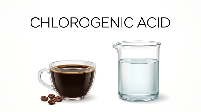 Chlorogenic acid in coffee beverage and roasted coffee beans paired with a chemistry laboratory beaker for scientific and nutritional education