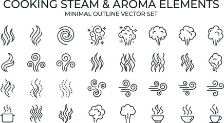 Fototapeta premium Minimal cooking steam and food aroma outline vector elements set with elements