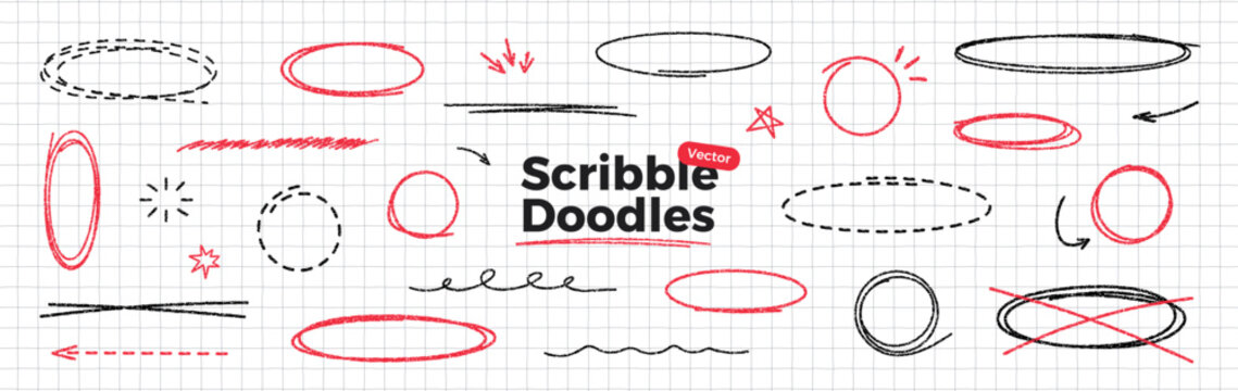 Hand drawn red and black pen ovals and circle frames set. Scribble doodle set on notebook paper. Round bubbles to highlight text. Ellipses in crayon texture. Thin rough line. Vector illustration