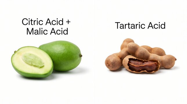 Educational science graphic showing citric acid malic acid in green mango and tartaric acid in tamarind pods