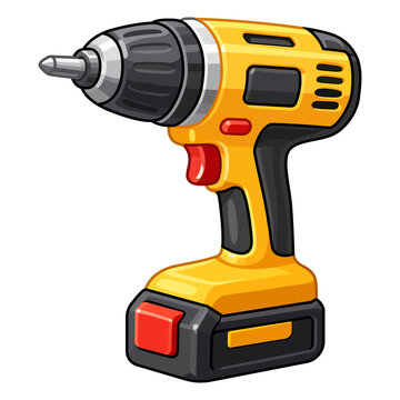 Detailed vector illustration of a cordless power drill with a rechargeable battery pack, yellow and black body, metal chuck, trigger, and ergonomic handle. Suitable for construction, home improvement