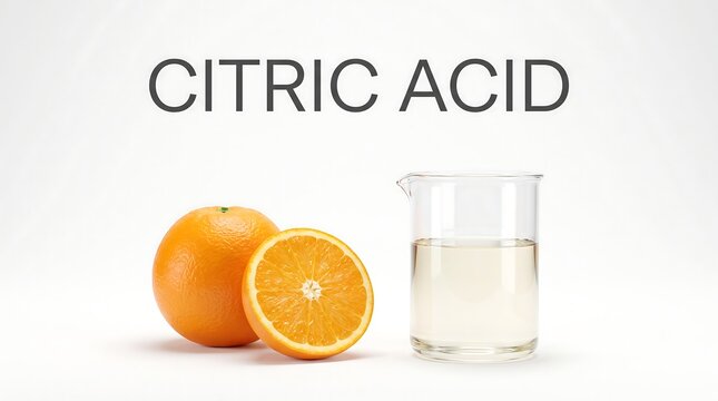 Fresh oranges and beaker demonstrating citric acid presence in popular citrus fruits