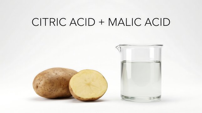 Whole potato and halved potato beside laboratory beaker illustrating citric acid and malic acid