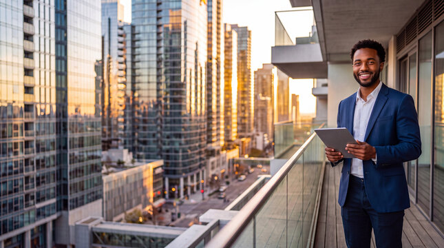 Confident, Young, smiling, good looking, black, African-American businessman holding tablet on an urban balcony with modern glass skyscraper in sunlight, corporate banner background and professional