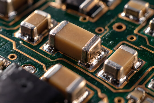 Extreme macro photograph of multilayer ceramic capacitors on a premium printed circuit board, featuring silver terminals, precise solder joints, copper traces, shallow focus, and advanced electronics