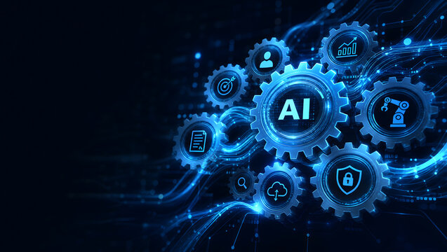 Artificial Intelligence Automation Concept With Glowing Blue Gears and Business Icons on Dark Background