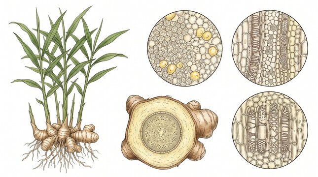 Botanical Illustration of Ginger Plant (Zingiber officinale) with Rhizome Cross-section and Microscopic Anatomy Details