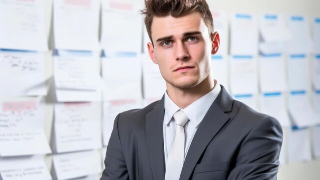 Serious Young Man in Suit in Front of Wall of Equations