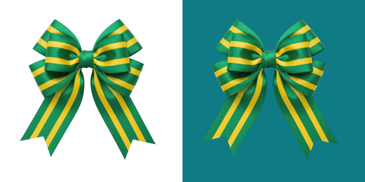 Green and yellow striped fabric gift bow decoration for holiday present design