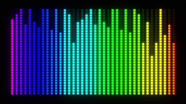 Dynamic rainbow vertical audio spectrum equalizer bars. Pulsing music visualization on black background. Digital frequency equalizer sound signal visualization. Frequency level indicator